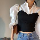 Puff Sleeve Mock Two Piece Blouse White & Black - One Size