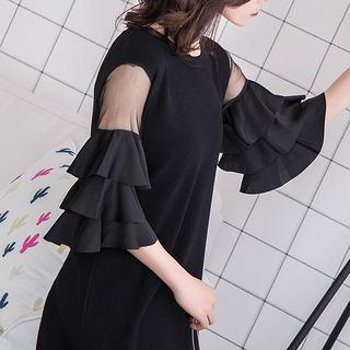Elbow-sleeve Ruffle Knit Dress