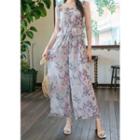 Spaghetti-strap Floral Chiffon Peplum Jumpsuit