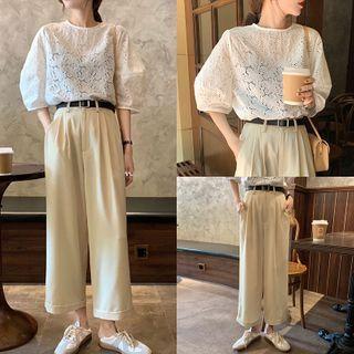 Puff-sleeve Eyelet Blouse / Wide-leg Cropped Pants