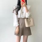 Long-sleeve Collared Plain Blouse / High-waist Pleated A-line Skirt