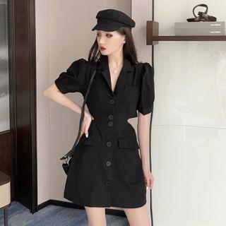 Puff-sleeve Single Breasted Cutout A-line Mini Dress