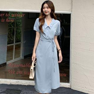 Short-sleeve Asymmetrical Hem Tie-strap Midi Shirtdress