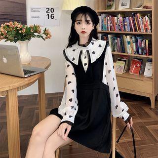 Puff-sleeve Heart Print Blouse / Overall Dress