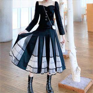 Long-sleeve Buttoned Square-neck Top / Mesh Panel A-line Midi Skirt