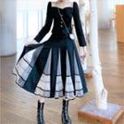 Long-sleeve Buttoned Square-neck Top / Mesh Panel A-line Midi Skirt