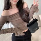 Long-sleeve Off-shoulder Fitted Crop Top Milk Tea - One Size
