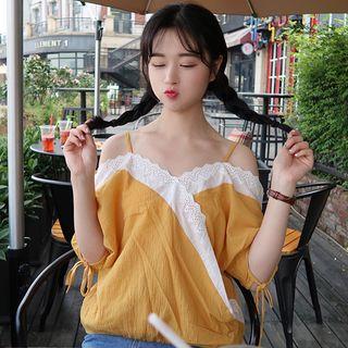 Off-shoulder Panel Elbow-sleeve Top