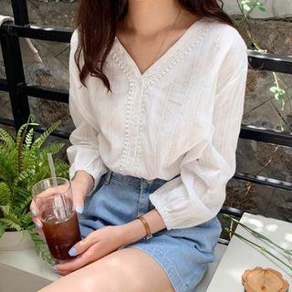 V-neck Crochet-trim Blouse Ivory - One Size