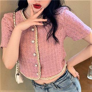 Short-sleeve Button Tweed Jacket Pink - One Size