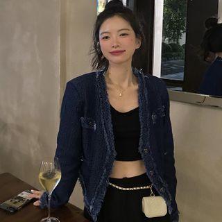 Long-sleeve Frayed Cropped Denim Jacket Nacy Blue - One Size
