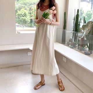 A-line Long Pinafore Dress Light Beige - One Size
