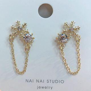 Rhinestone Snowflake Chained Earring 1 Pair - Silver Steel - Silver Rhinestone - Gold - One Size