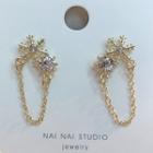 Rhinestone Snowflake Chained Earring 1 Pair - Silver Steel - Silver Rhinestone - Gold - One Size
