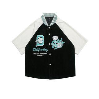 Elbow-sleeve Lettering Print Corduroy Jacket