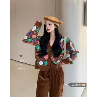 Argyle Print Cardigan / Wide Leg Pants