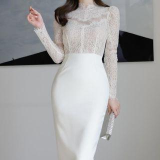 Long-sleeve Lace Panel Sheath Cocktail Dress