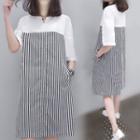 Elbow-sleeve Striped Panel T-shirt Dress
