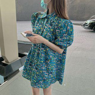 Puff-sleeve Printed Mini Shirtdress As Shown In Figure - One Size