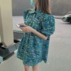 Puff-sleeve Printed Mini Shirtdress As Shown In Figure - One Size