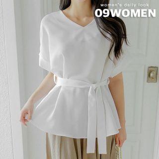 Plus Size V-neck Rollup-sleeve Blouse With Sash
