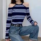 Striped Cold-shoulder Knit Top Striped - Navy Blue - One Size