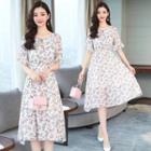 Elbow-sleeve Frill Trim Floral Print A-line Dress