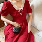 Puff-sleeve Lace Trim Faux Pearl A-line Dress