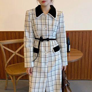 Single-breasted Velvet Lapel Plaid Tweed Coat Coat - One Size