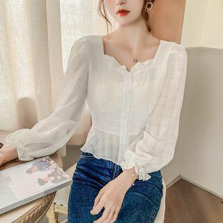 Frilled Trim Square Neck Long Sleeve Cropped Blouse