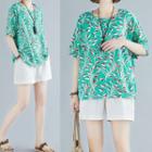Leaf Print Elbow-sleeve Blouse Green - One Size