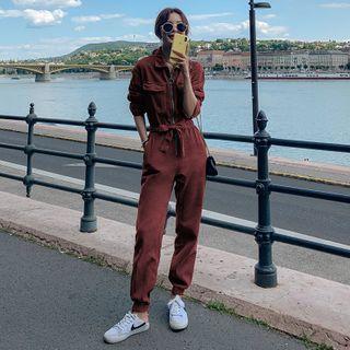 Long-sleeve Zip-up Tie-waist Jumpsuit