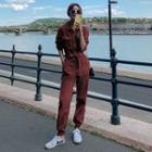 Long-sleeve Zip-up Tie-waist Jumpsuit
