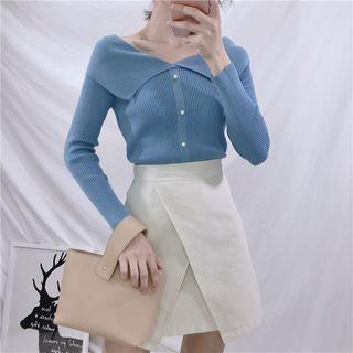 Long-sleeve Faux-pearl Ribbed Knit Top