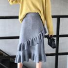 Ruffle Trim Midi A-line Knit Skirt