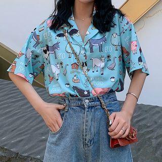 Printed Short-sleeve Shirt Sky Blue - One Size