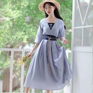 Short-sleeve Floral Embroidered Tie-waist Midi A-line Dress
