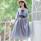 Short-sleeve Floral Embroidered Tie-waist Midi A-line Dress