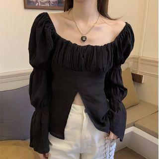 Bell-sleeve Puffy Slit-hem Blouse
