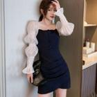 Lantern-sleeve Two-tone Mini Sheath Dress