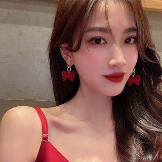 Bow Drop Earring 1 Pair - Wine Red Bow - Gold - One Size