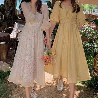 3/4-sleeve Mesh Midi A-line Dress / Spaghetti Strap Floral Print Dress