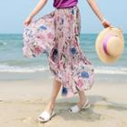 Accordion-pleat Floral Long Flare Skirt