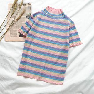 Mock Turtleneck Short-sleeve Striped Top As Shown In Figure - One Size