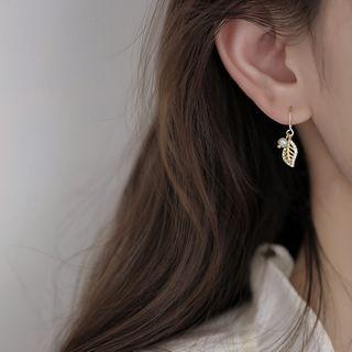 925 Sterling Silver Leaf Faux Pearl Dangle Earring 925 Silver - Gold - One Size