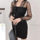 Mock Two-piece Glitter Long-sleeve Mini Sheath Dress