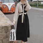 Long-sleeve Two-tone Collared Midi A-line Dress