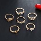 Set: Rhinestone Ring (assorted Designs) Set Of 6 - Gold - One Size