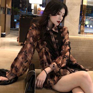Set: Lace Panel Plaid Shirt + Camisole Top