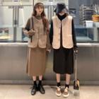 Sleeveless Faux Fur Vest / Long-sleeve Plain Maxi Dress
